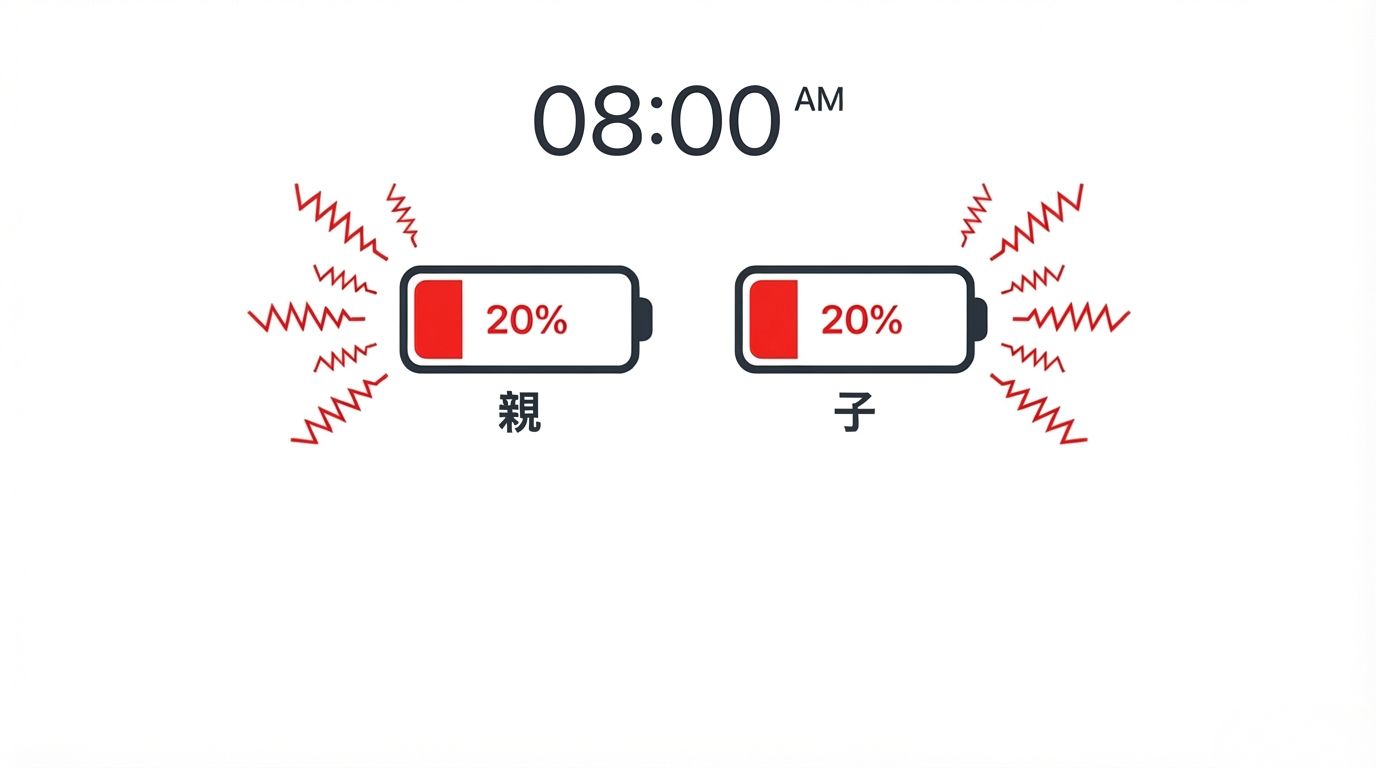 朝8:00。親も子も、もう余裕がない。
