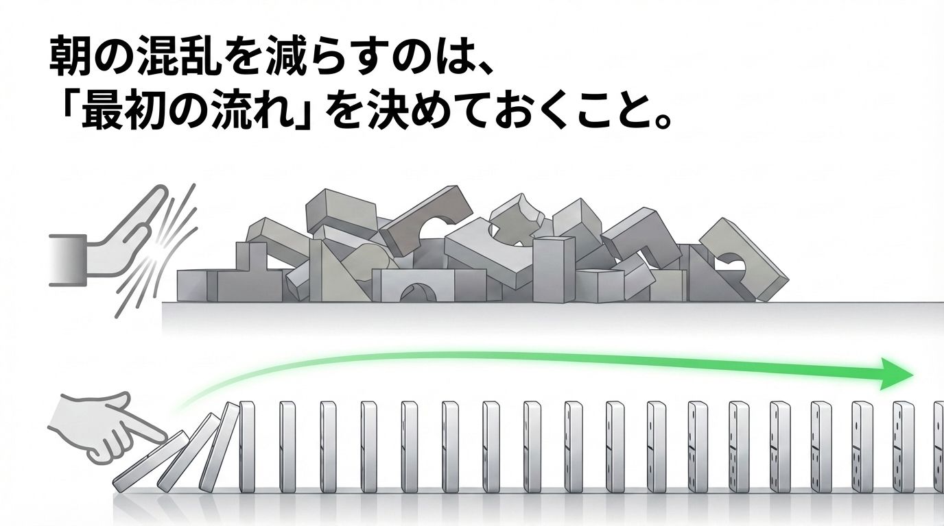 朝の混乱を減らすのは、最初の流れを決めておくこと。