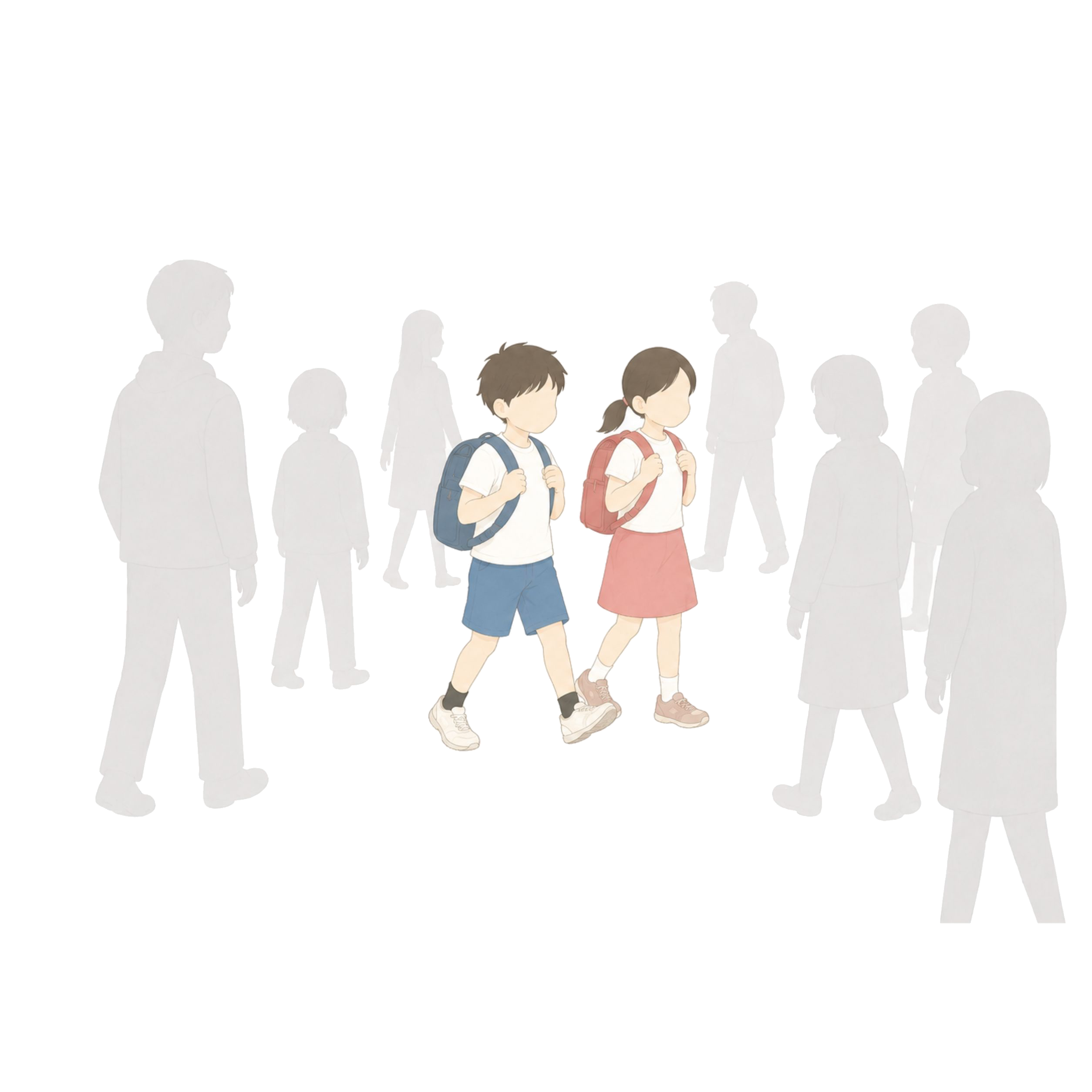 薄いグレーの人影がいる人混みの中を子ども二人が歩くイラスト