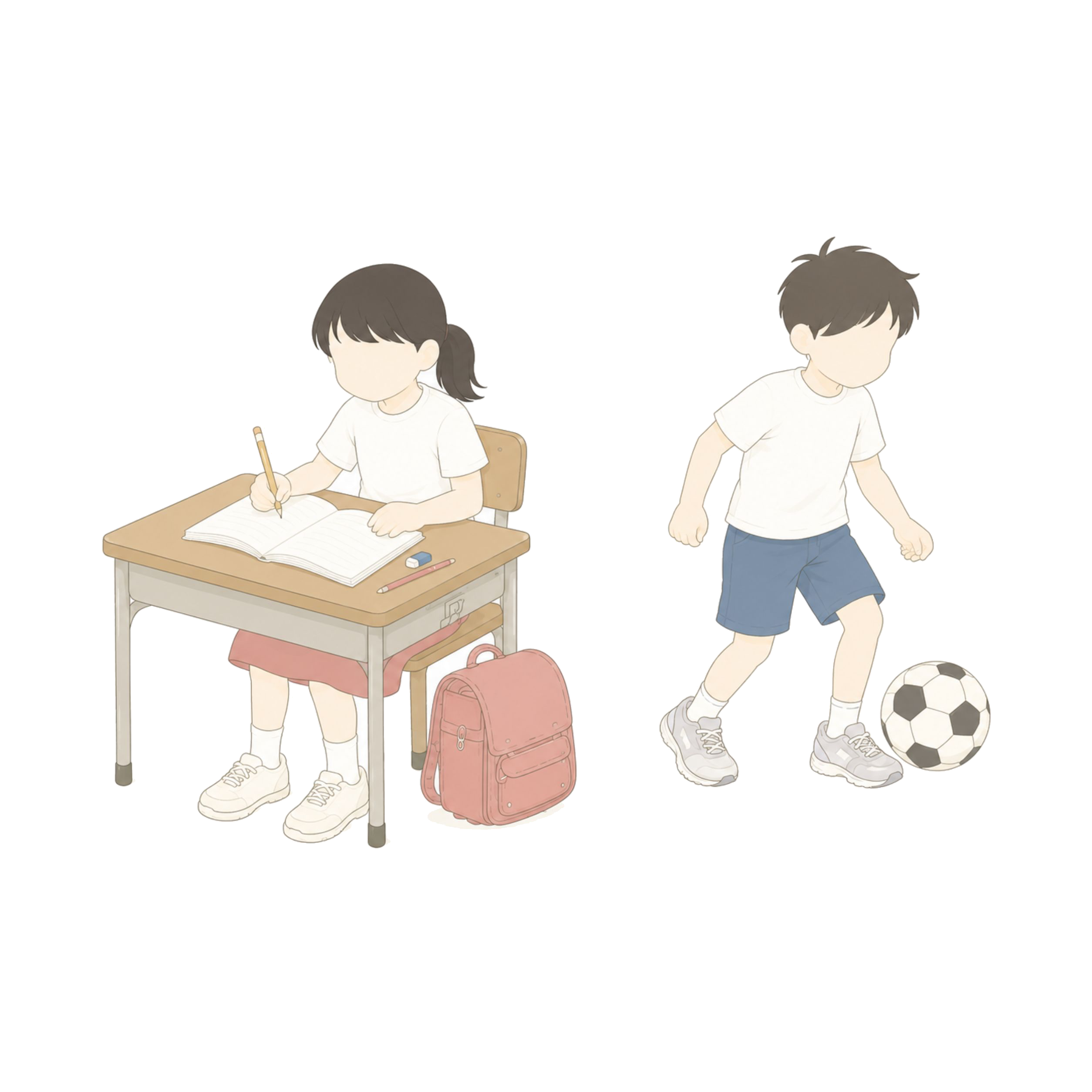机で勉強している女の子とサッカーをしている男の子のイラスト