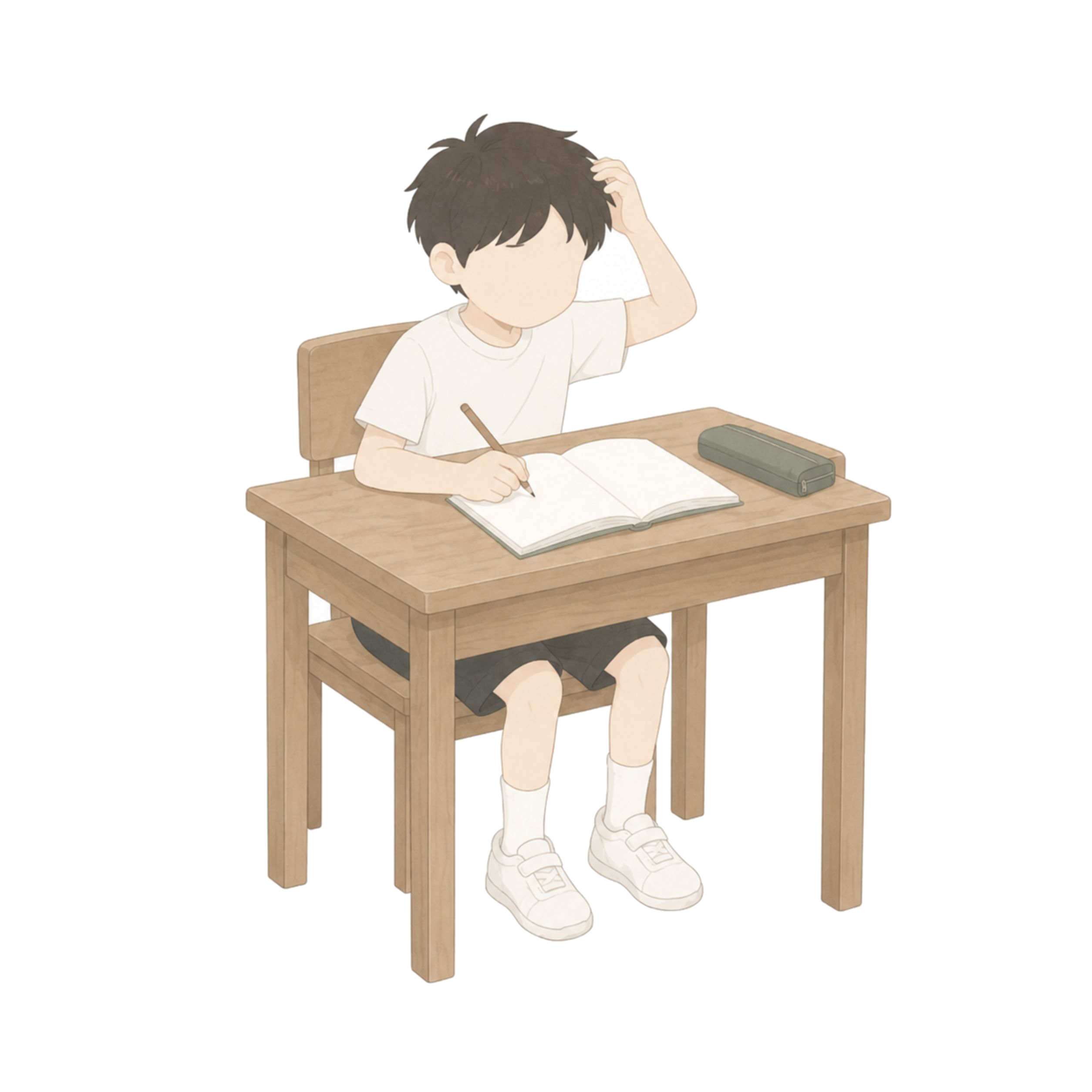 机で勉強しながら少し困っている小学生の男の子のイラスト