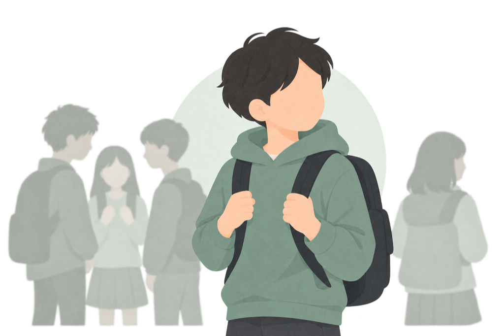 リュックの肩ひもを持ち、まわりの子どもたちを気にしている子ども