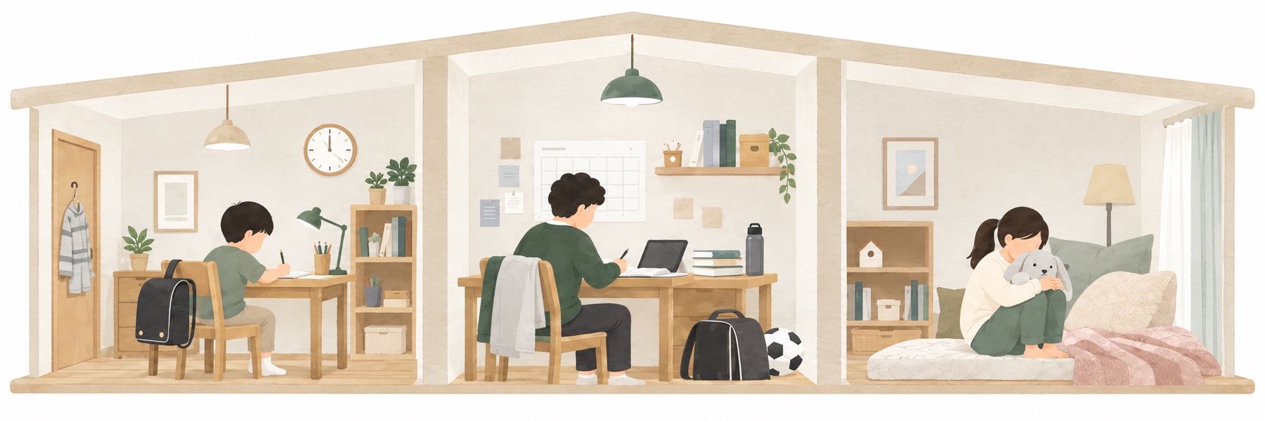 ランドセルを置いた部屋で、机に向かって勉強する小学生